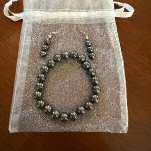 Grounding Black Hematite Chakra Beaded Bracelet and Matching Dangling Earrings